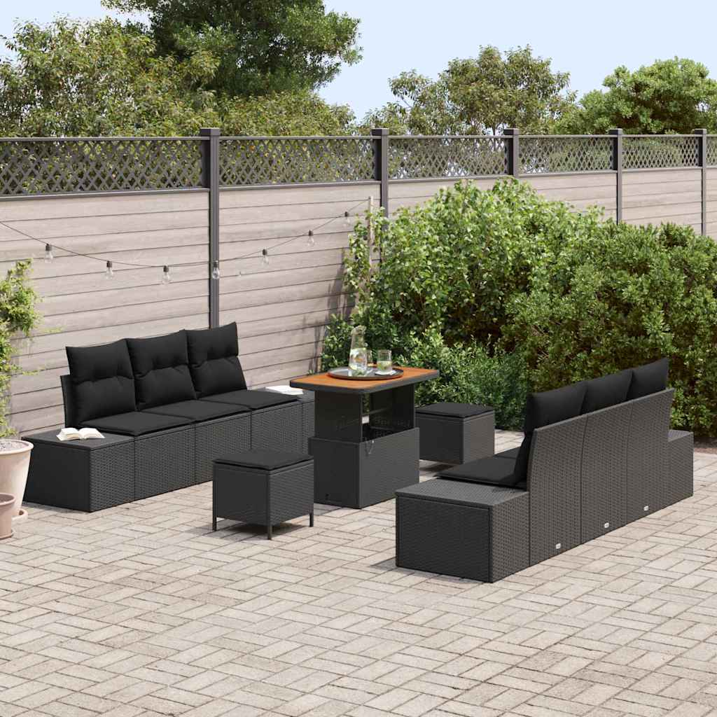 Havesofa Sæt med pude med opbevaring 9 pcs Sort Poly rattan