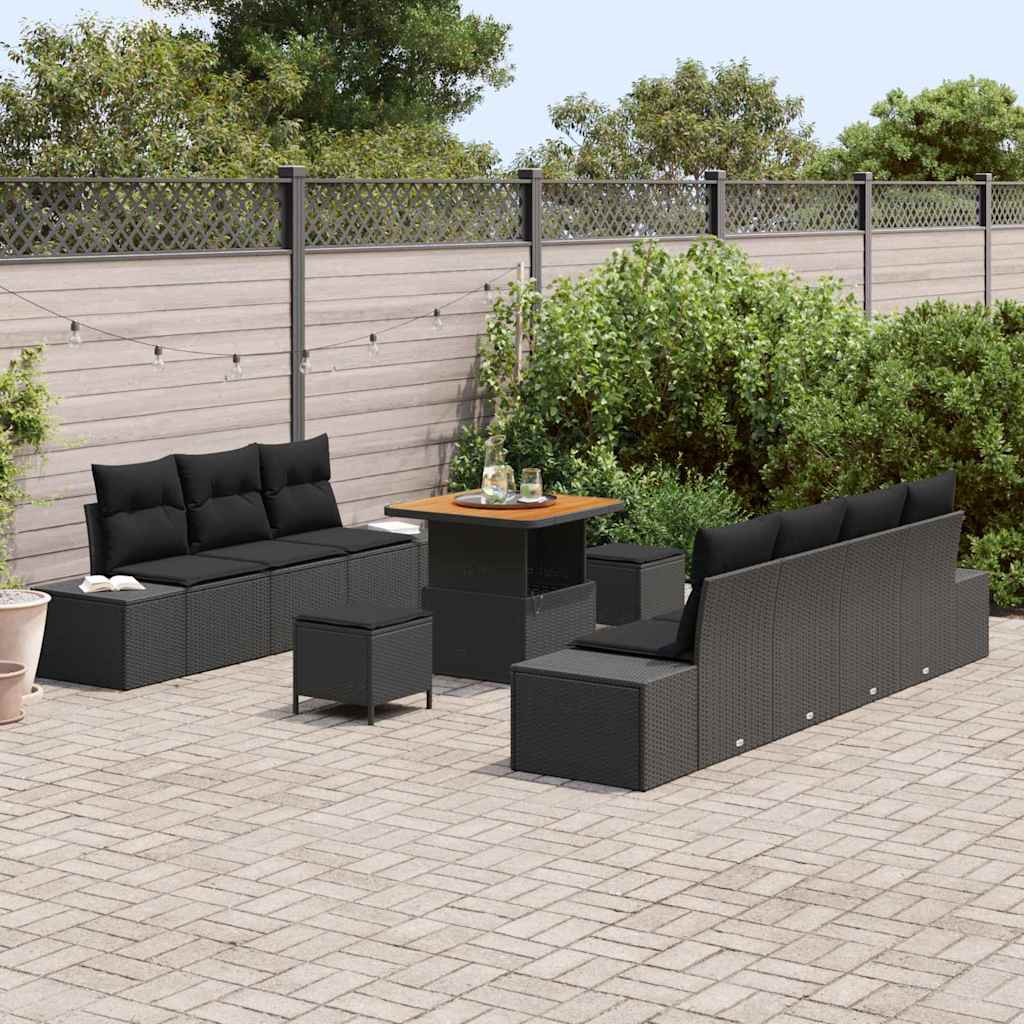 Havesofa Sæt med pude med opbevaring 10 pcs Sort Poly rattan