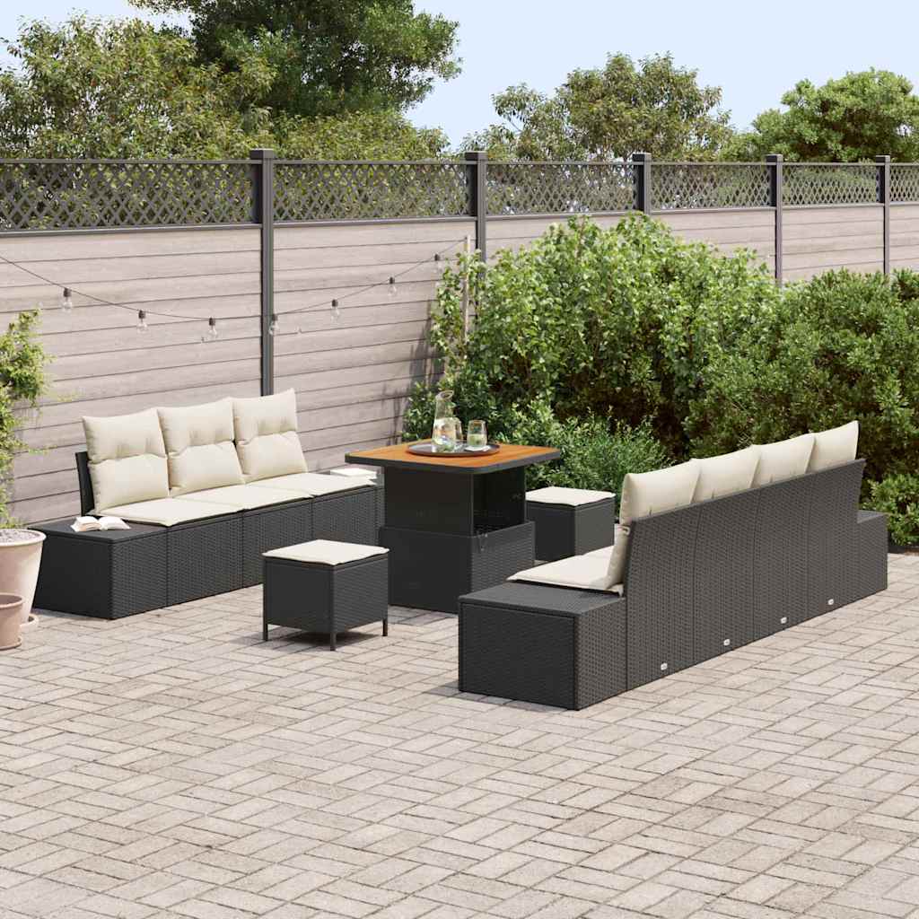 Havesofa Sæt med pude med opbevaring 10 pcs Sort Poly rattan