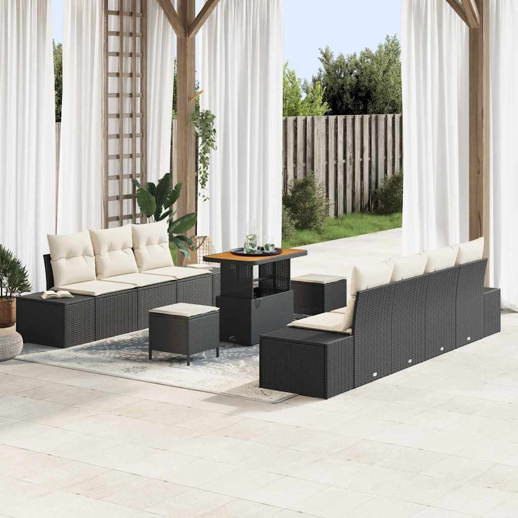 Havesofa Sæt med pude med opbevaring 10 pcs Sort Poly rattan