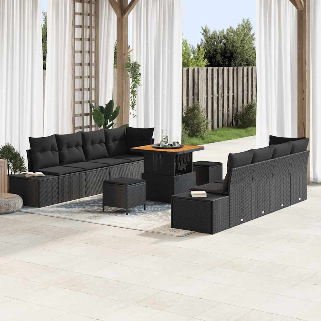 Havesofa Sæt med pude med opbevaring 11 pcs Sort Poly rattan