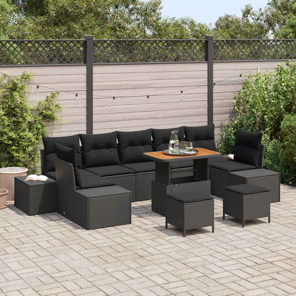 Havesofa Sæt 10 stk. 9-Antal sæder Sort Poly rattan