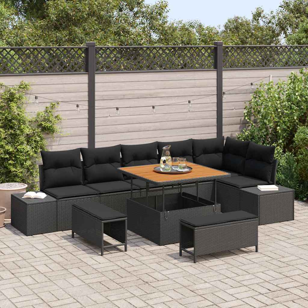 Havesofa Sæt med pude med opbevaring 9 pcs Sort Poly rattan