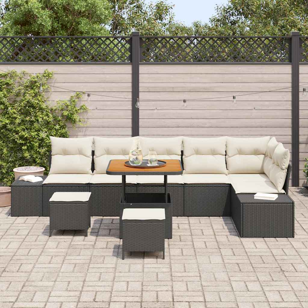 Havesofa Sæt med pude med opbevaring 9 pcs Sort Poly rattan