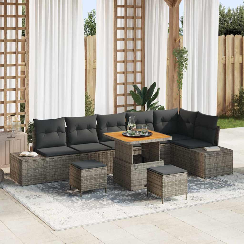Havesofa Sæt med pude med opbevaring 9 pcs Grå Poly rattan