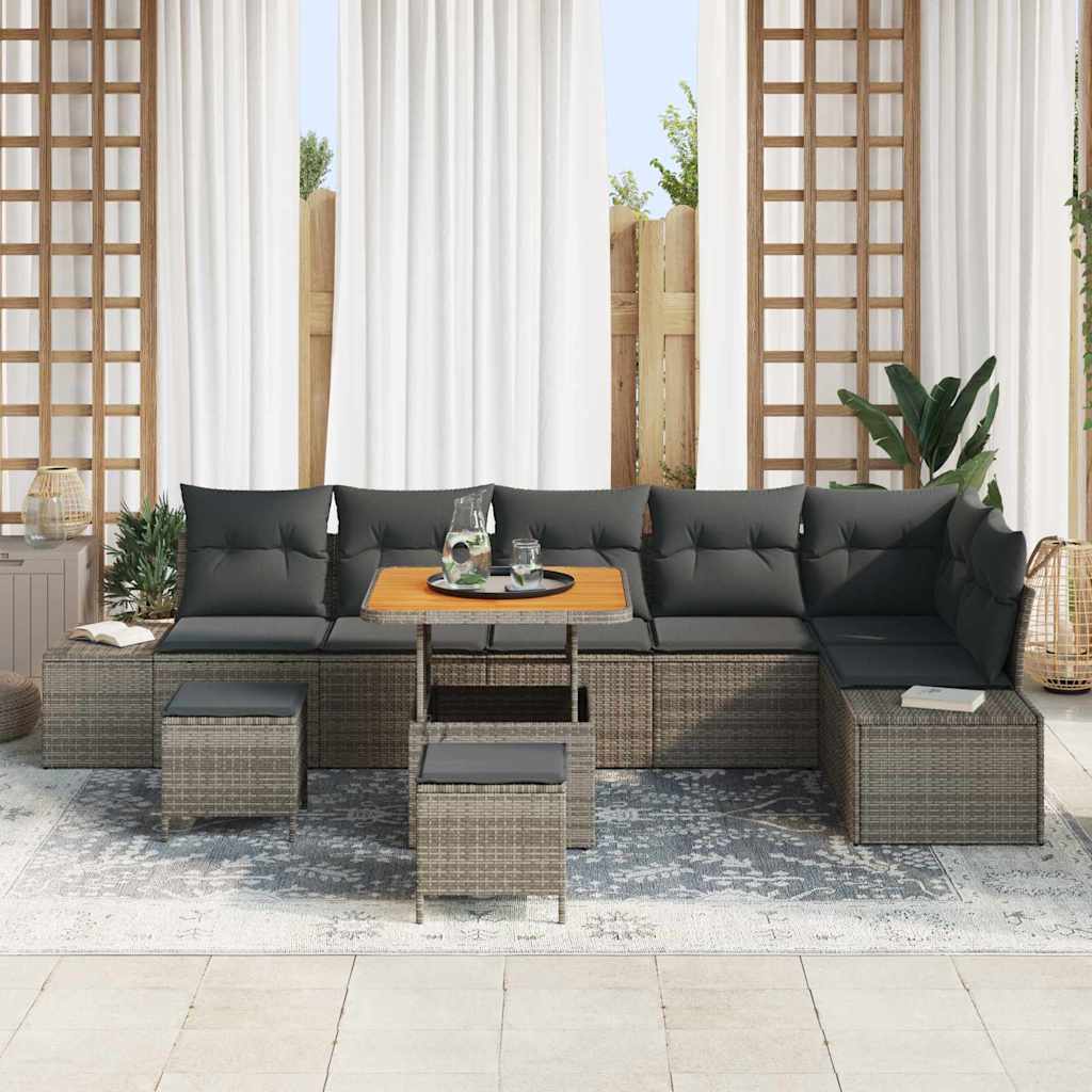 Havesofa Sæt med pude med opbevaring 9 pcs Grå Poly rattan