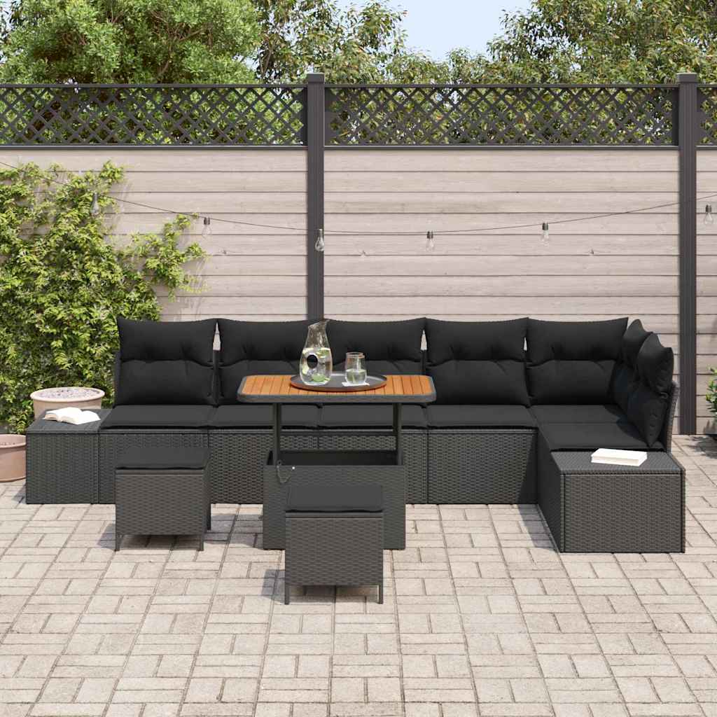 Havesofa Sæt med pude med opbevaring 9 pcs Sort Poly rattan