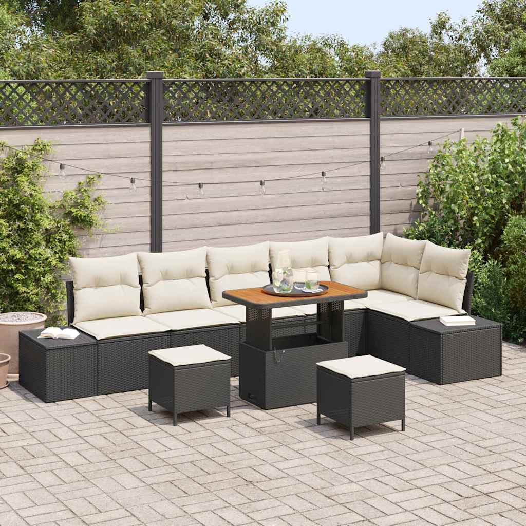 Havesofa Sæt med pude med opbevaring 9 pcs Sort Poly rattan