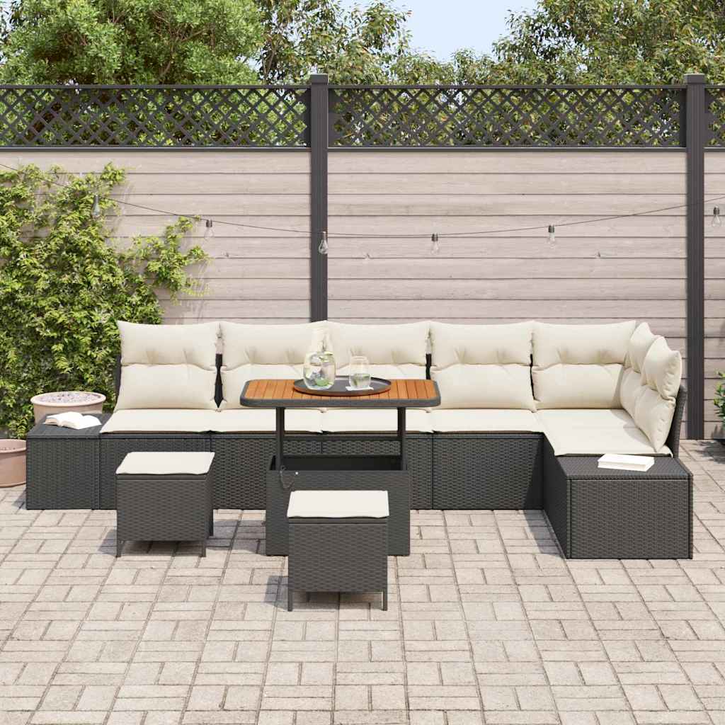 Havesofa Sæt med pude med opbevaring 9 pcs Sort Poly rattan