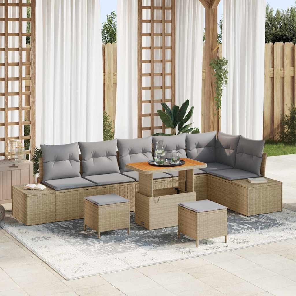 Havesofa Sæt med pude med opbevaring 9 pcs Beige Poly rattan
