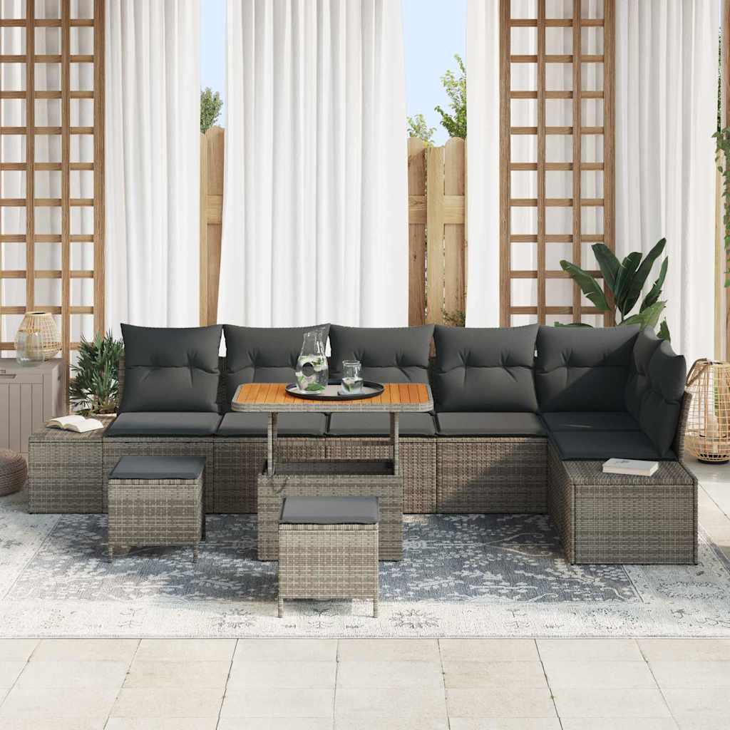 Havesofa Sæt med pude med opbevaring 9 pcs Grå Poly rattan