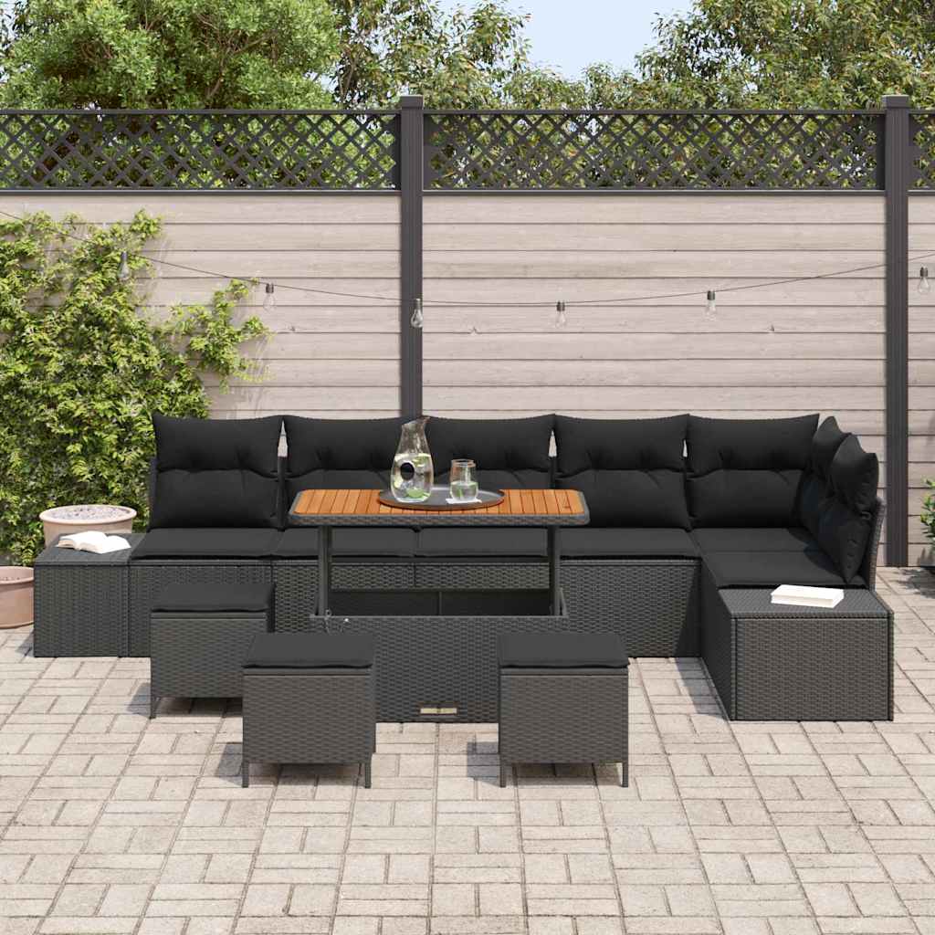 Havesofa Sæt med pude med opbevaring 10 pcs Sort Poly rattan