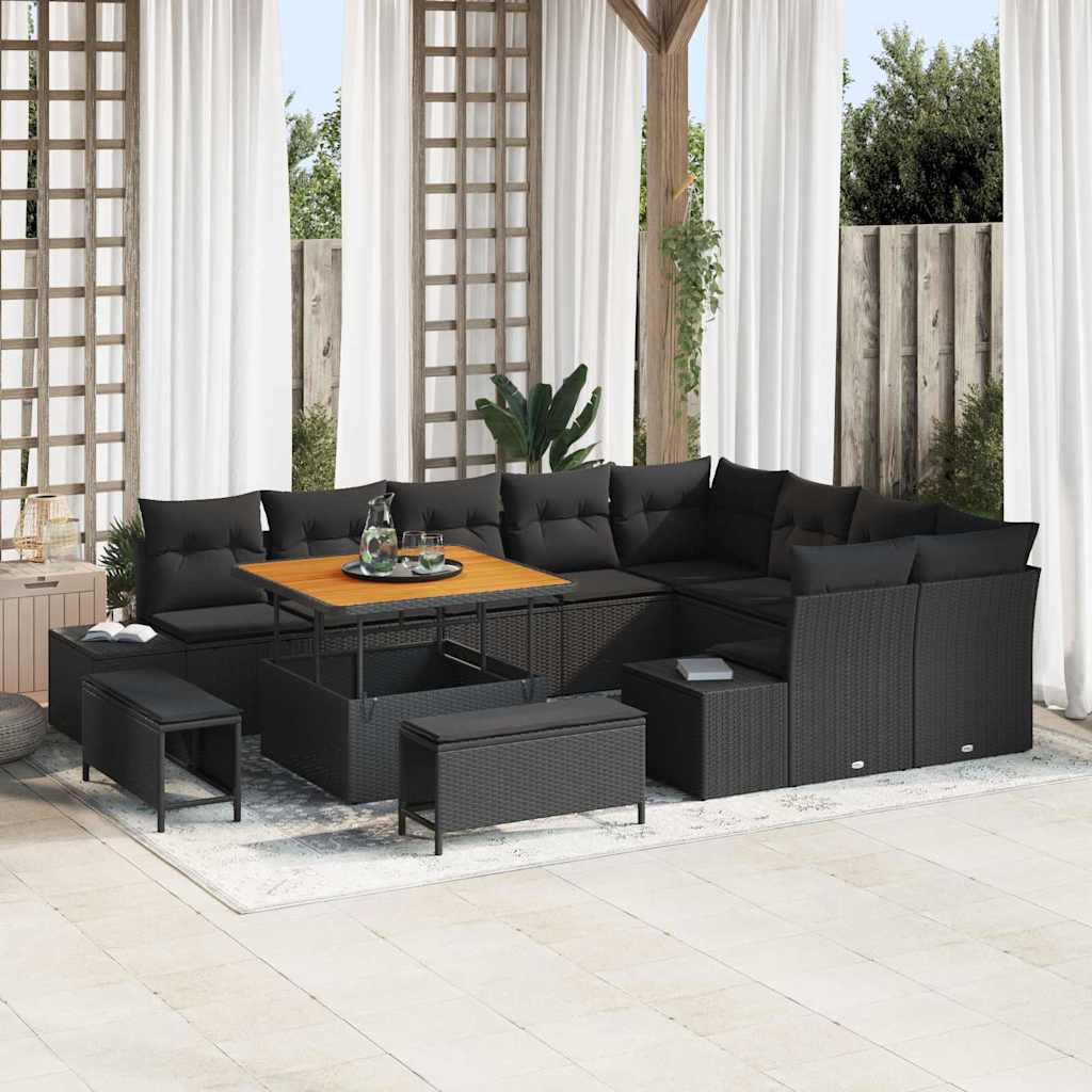 Havesofa Sæt med pude med opbevaring 12 pcs Sort Poly rattan