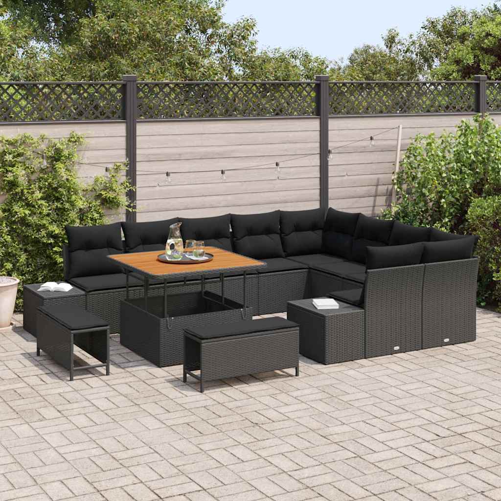 Havesofa Sæt med pude med opbevaring 12 pcs Sort Poly rattan