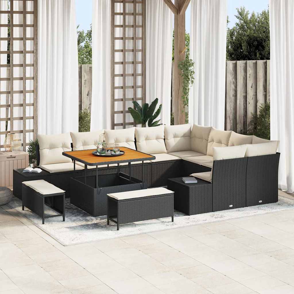 Havesofa Sæt med pude med opbevaring 12 pcs Sort Poly rattan