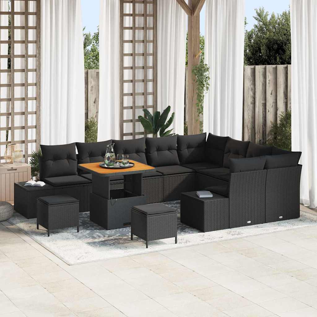 Havesofa Sæt med pude med opbevaring 12 pcs Sort Poly rattan