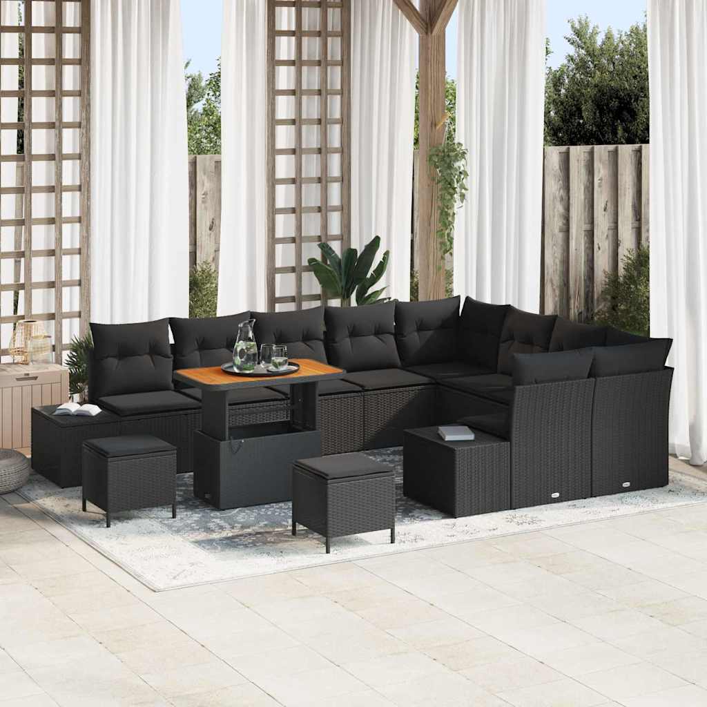 Havesofa Sæt med pude med opbevaring 12 pcs Sort Poly rattan