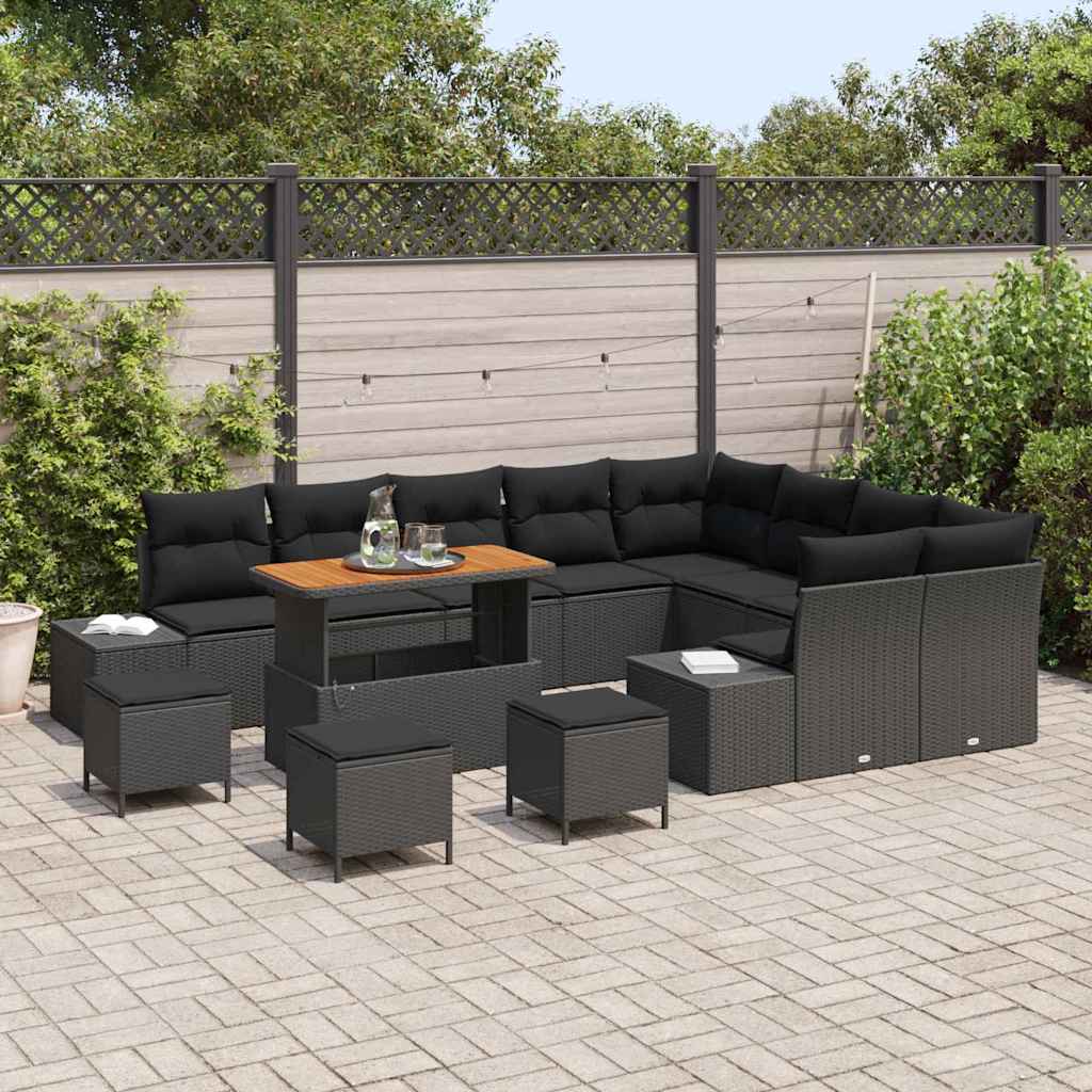 Havesofa Sæt med pude med opbevaring 13 pcs Sort Poly rattan