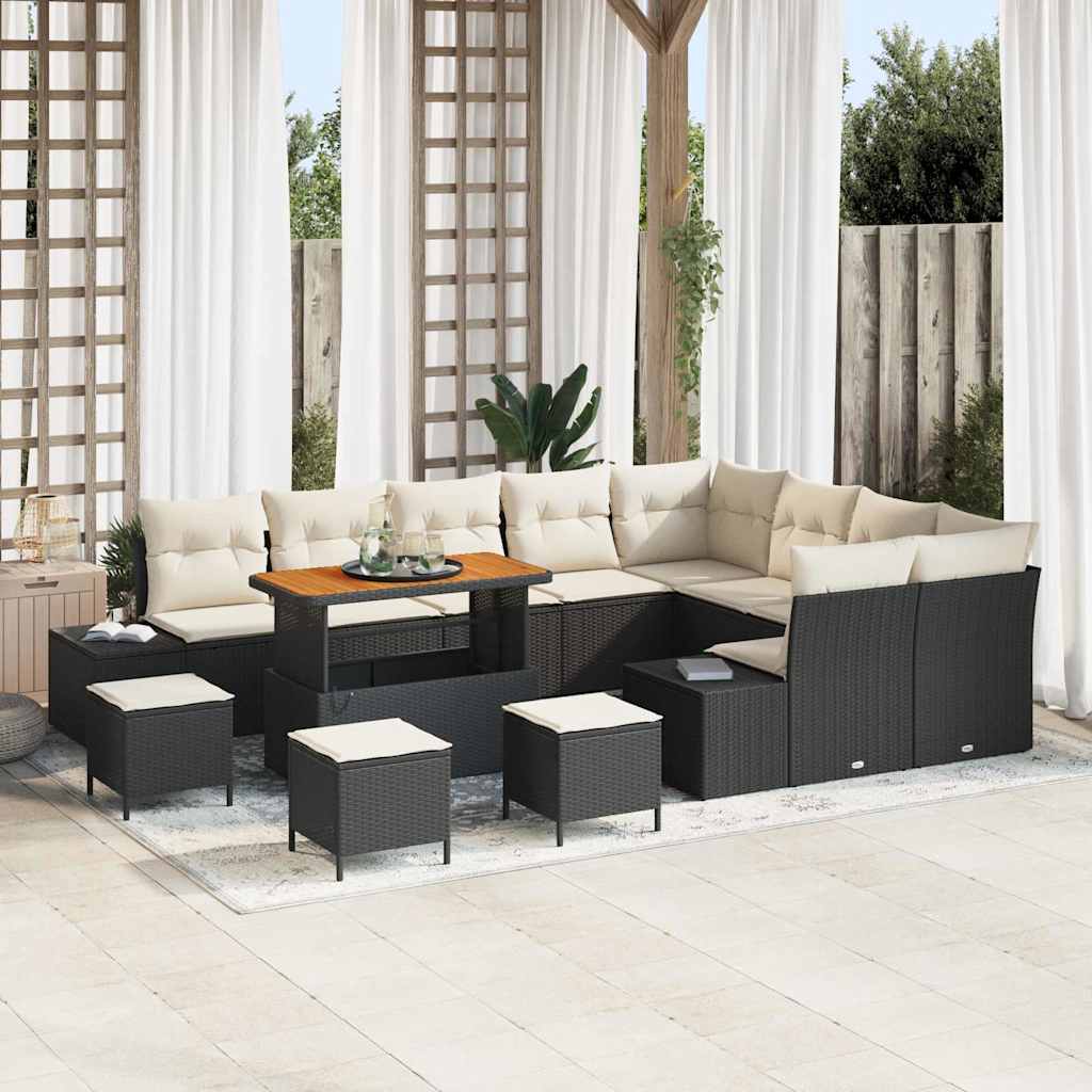 Havesofa Sæt med pude med opbevaring 13 pcs Sort Poly rattan
