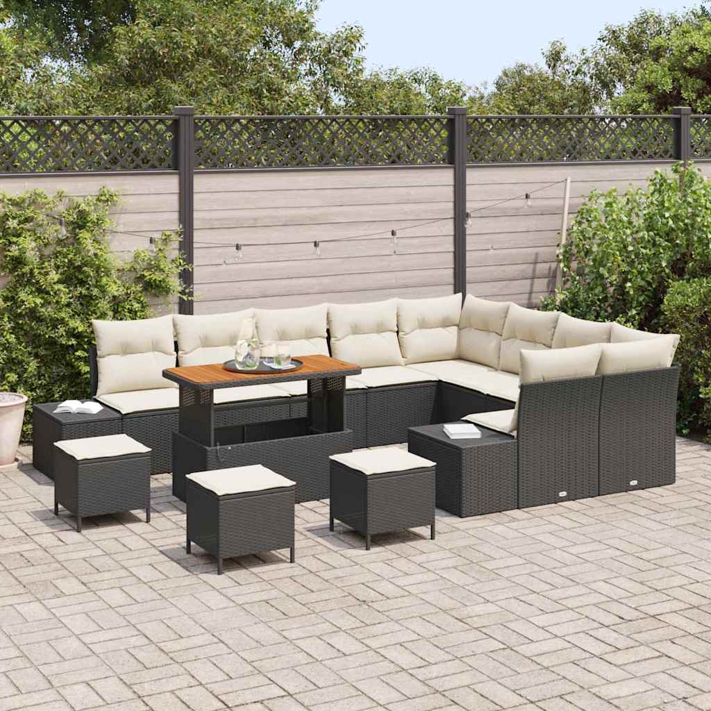 Havesofa Sæt med pude med opbevaring 13 pcs Sort Poly rattan