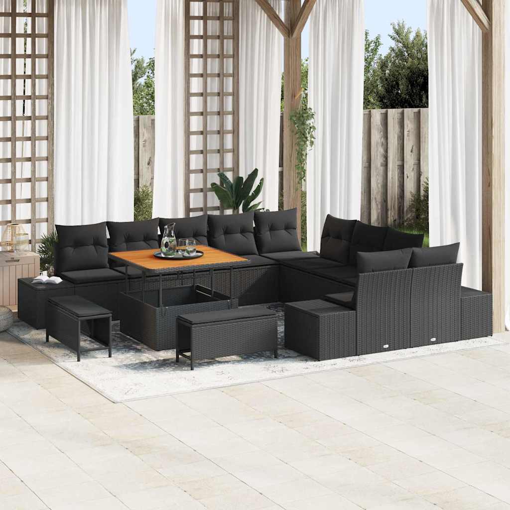 Havesofa Sæt med pude med opbevaring 13 pcs Sort Poly rattan