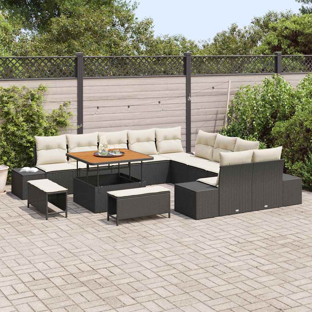 Havesofa Sæt med pude med opbevaring 13 pcs Sort Poly rattan