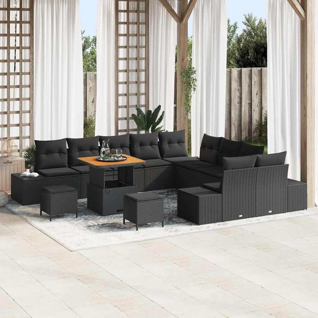 Havesofa Sæt med pude med opbevaring 13 pcs Sort Poly rattan