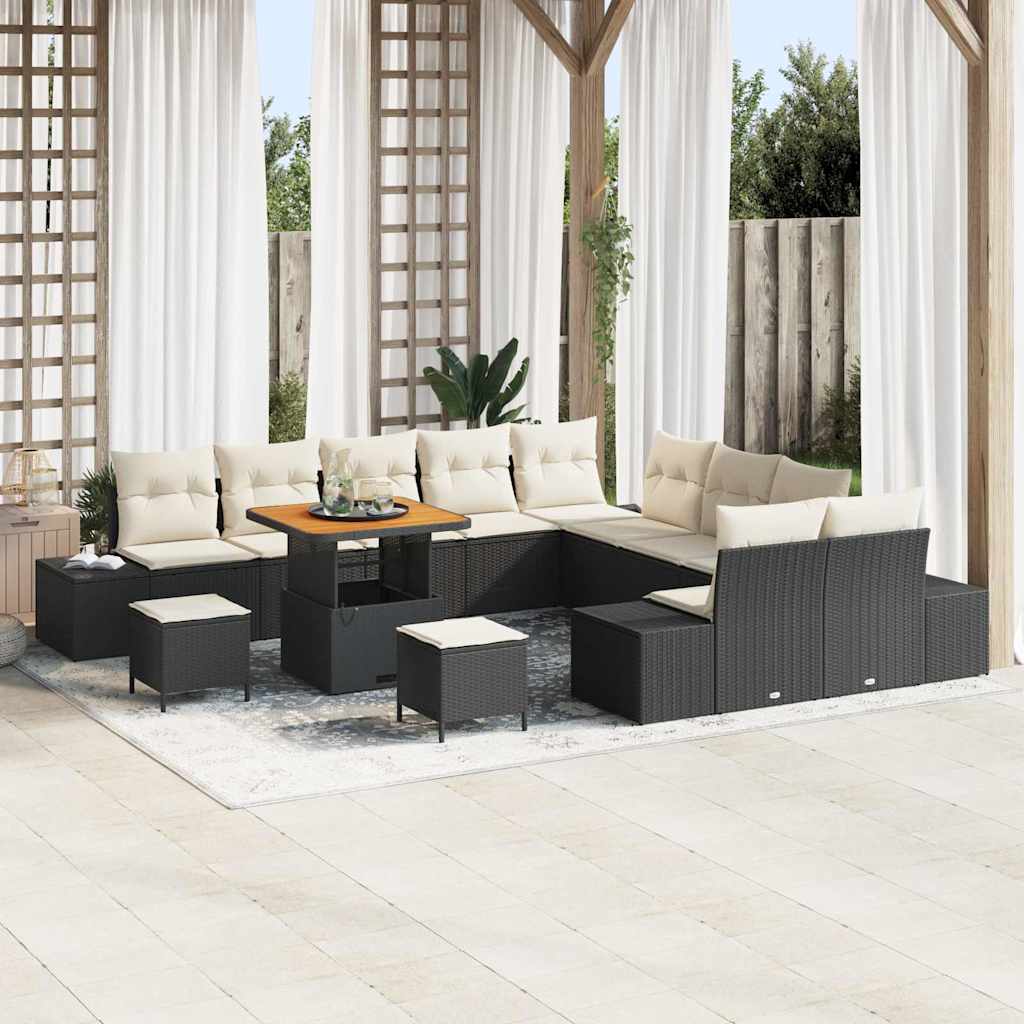 Havesofa Sæt med pude med opbevaring 13 pcs Sort Poly rattan
