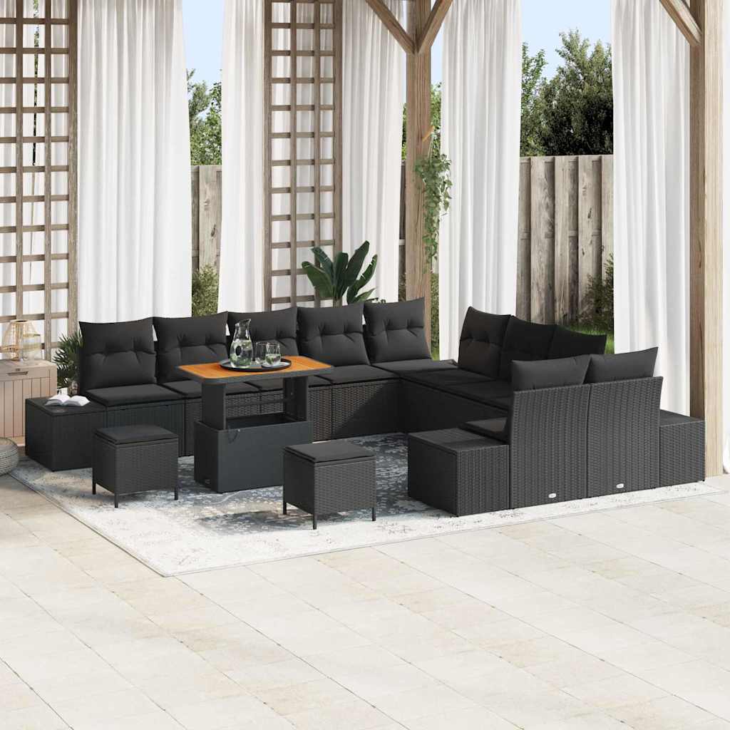 Havesofa Sæt med pude med opbevaring 13 pcs Sort Poly rattan