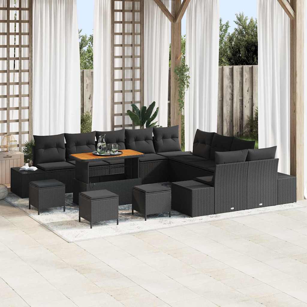 Havesofa Sæt med pude med opbevaring 14 pcs Sort Poly rattan