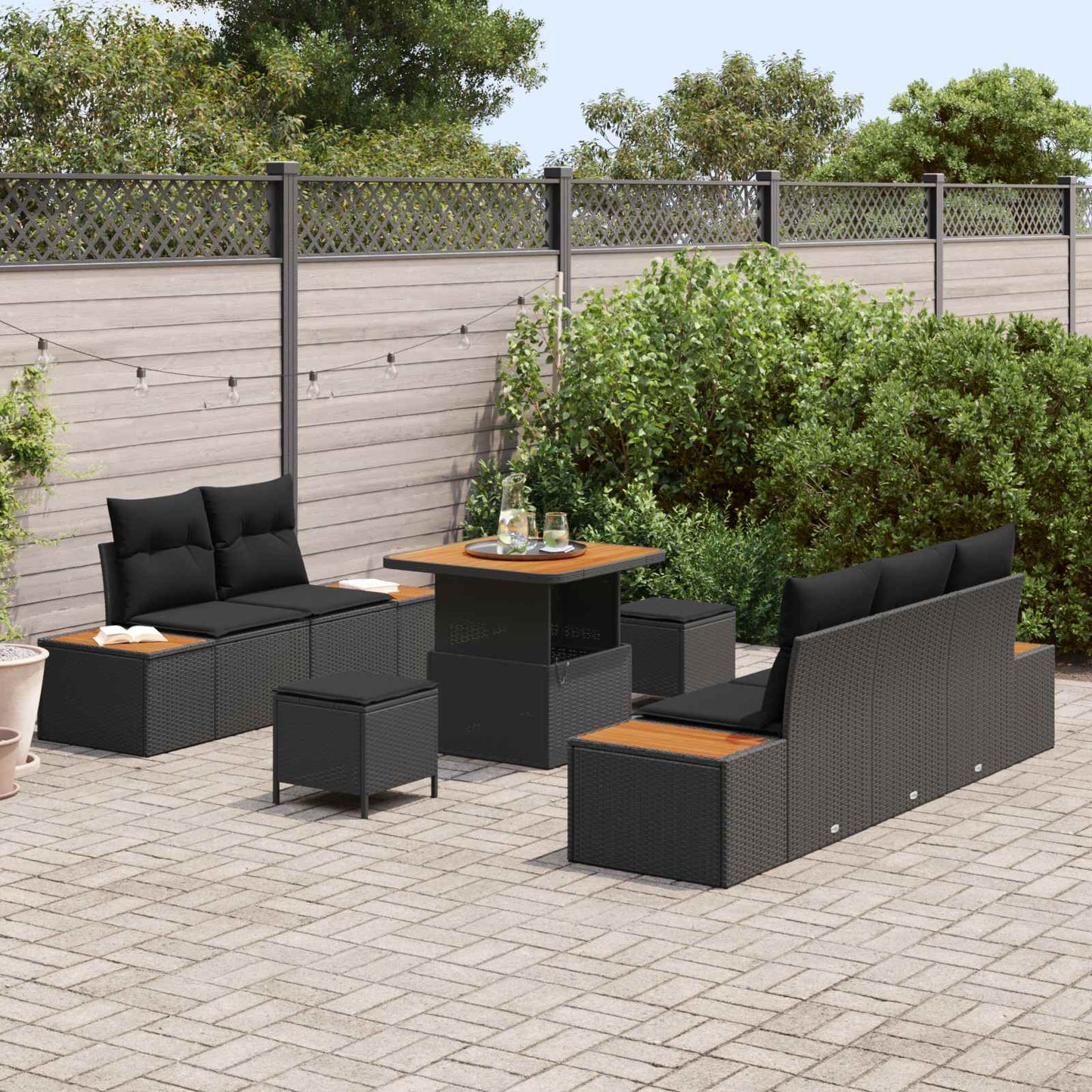 Havesofa Sæt 8 pcs Sort Poly Rattan og pulverlakeret stål