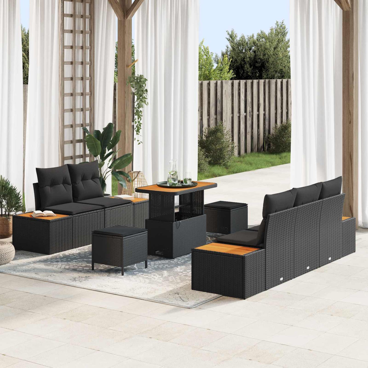 Havesofa Sæt 8 pcs Sort Poly Rattan og pulverlakeret stål