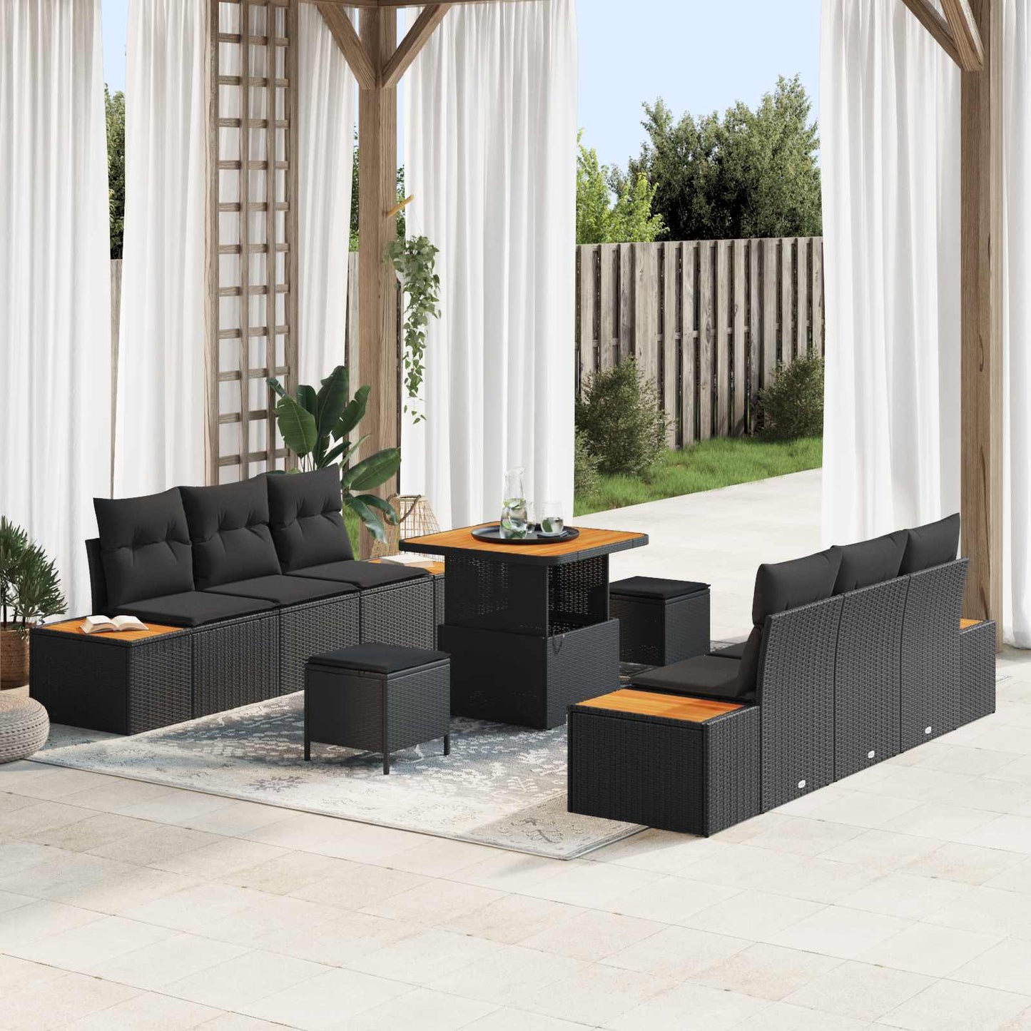 Havesofa Sæt med pude med opbevaring 9 pcs Sort Poly rattan