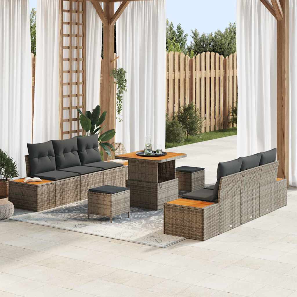 Havesofa Sæt med pude med opbevaring 9 pcs Grå Poly rattan