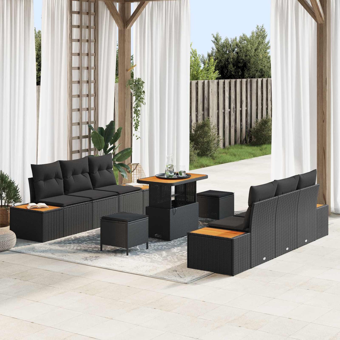 Havesofa Sæt med pude med opbevaring 9 pcs Sort Poly rattan