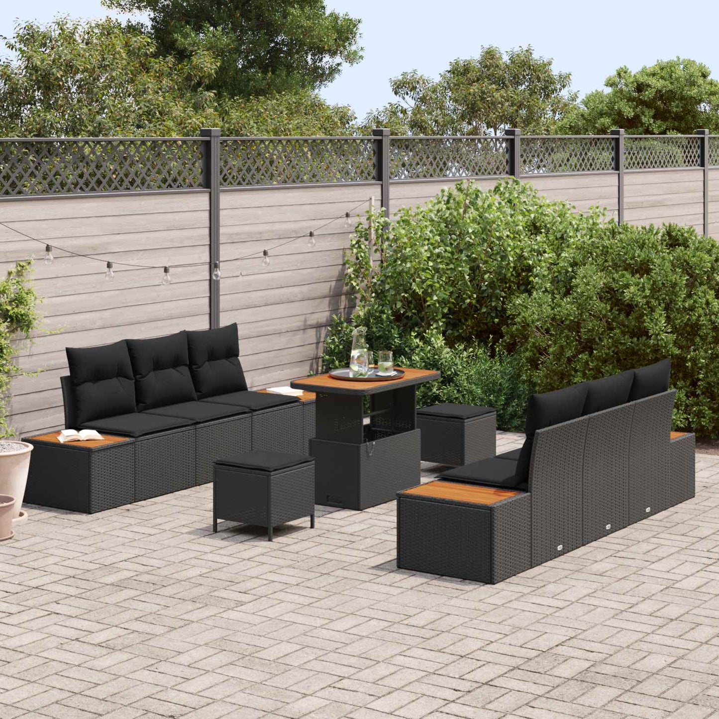Havesofa Sæt med pude med opbevaring 9 pcs Sort Poly rattan