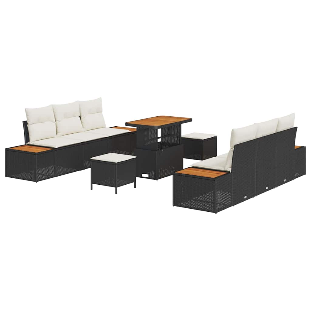 Havesofa Sæt med pude med opbevaring 9 pcs Sort Poly rattan