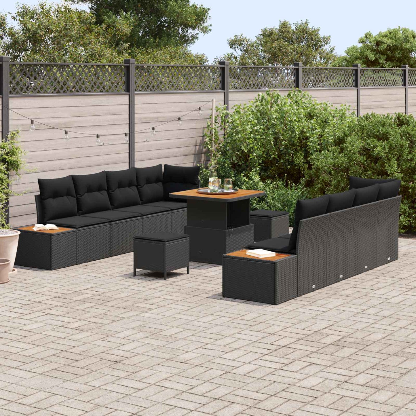 Havesofa Sæt med pude med opbevaring 11 pcs Sort Poly rattan