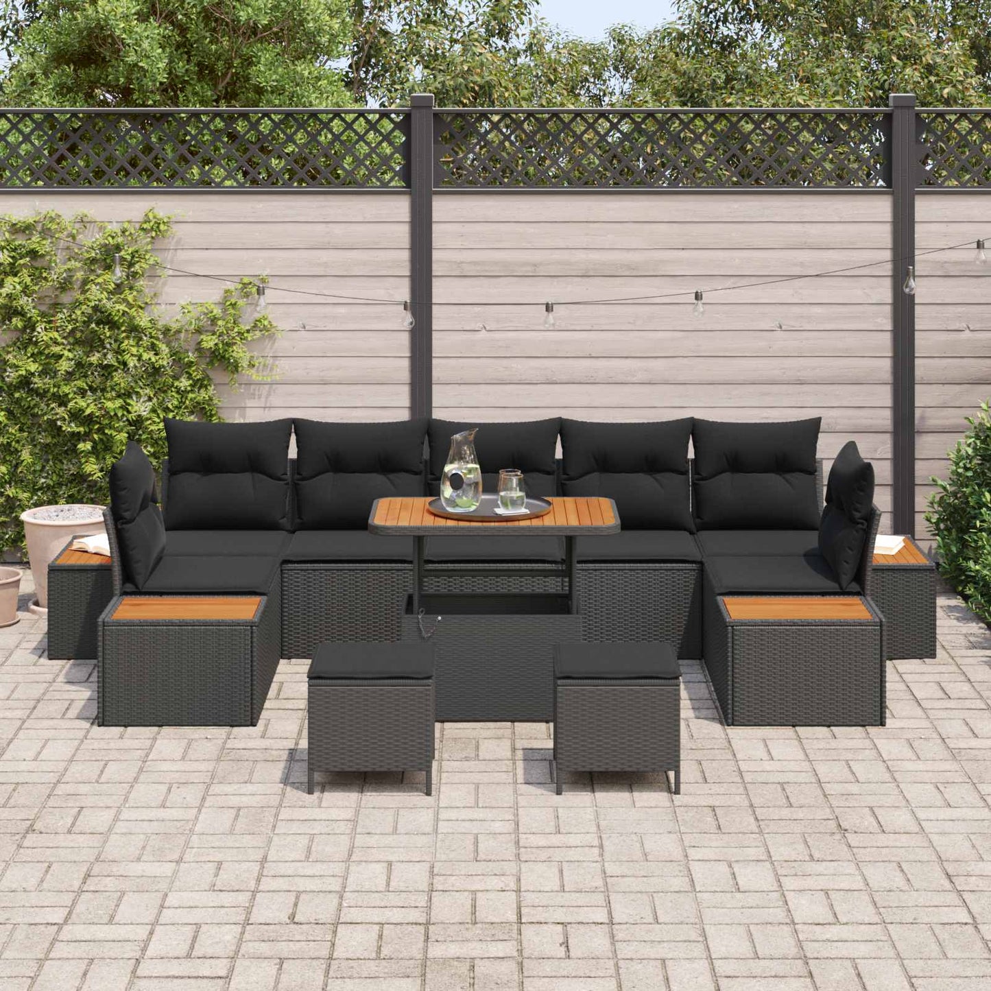 Havesofa Sæt med pude med opbevaring 10 pcs Sort Poly rattan