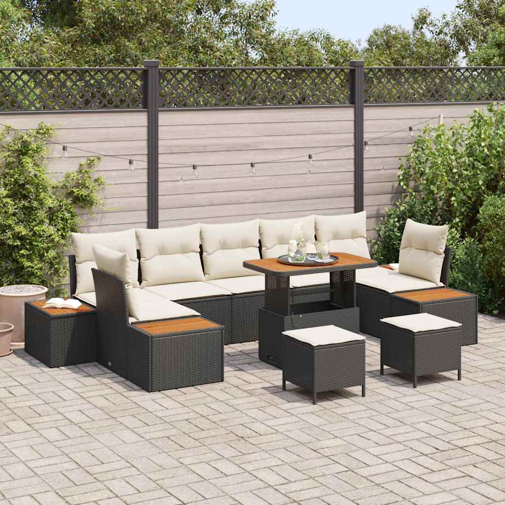 Havesofa Sæt med pude med opbevaring 10 pcs Sort Poly rattan