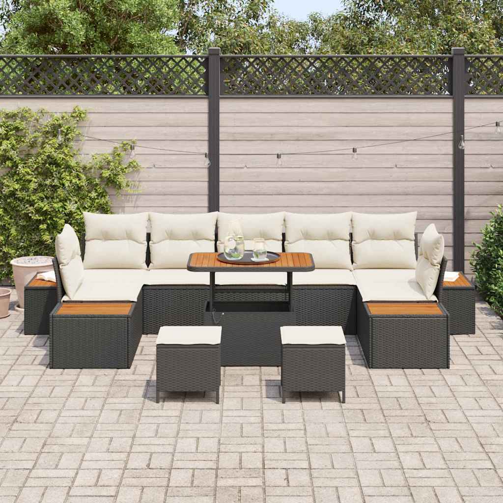 Havesofa Sæt med pude med opbevaring 10 pcs Sort Poly rattan