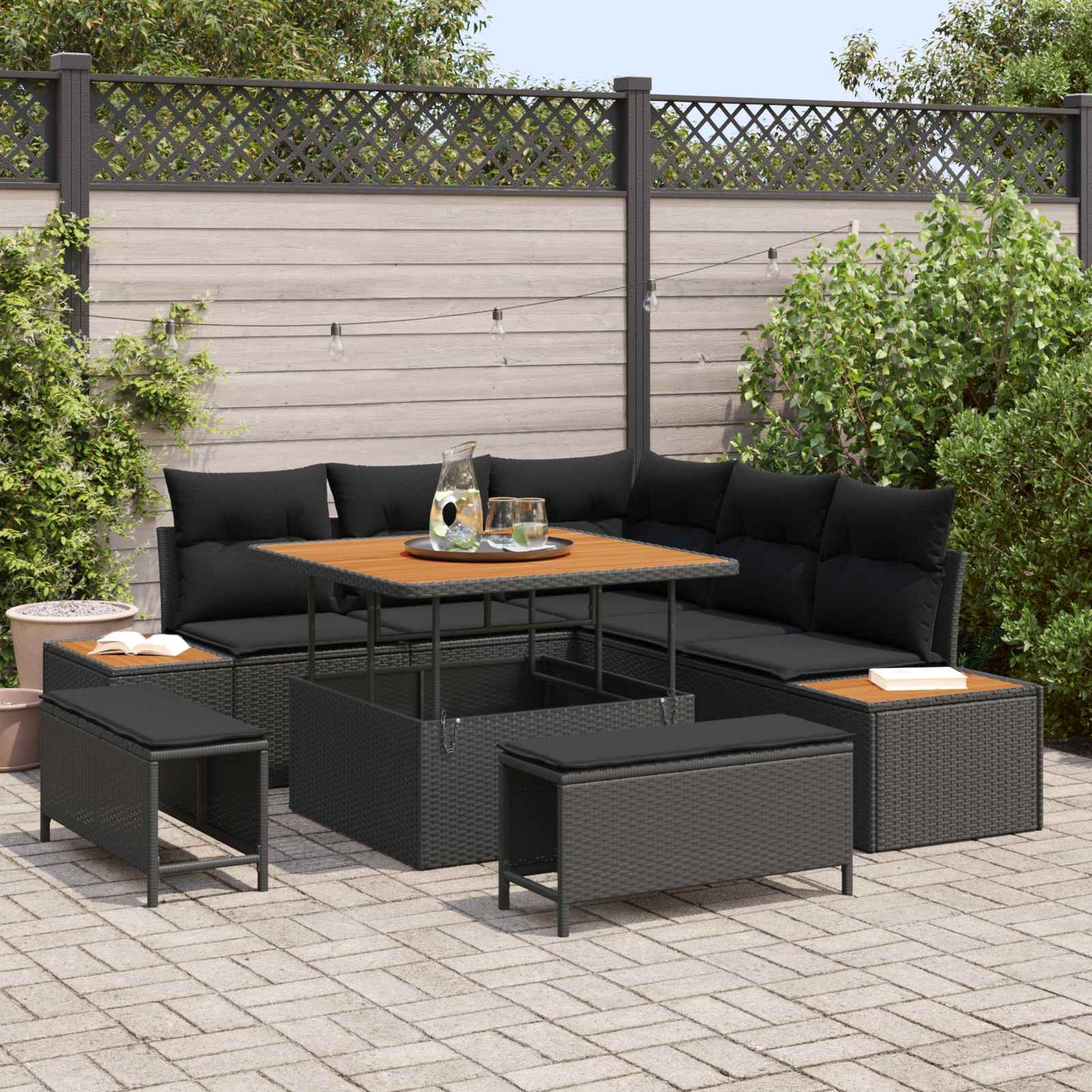 Havesofa Sæt med pude med opbevaring 8 pcs Sort Poly rattan