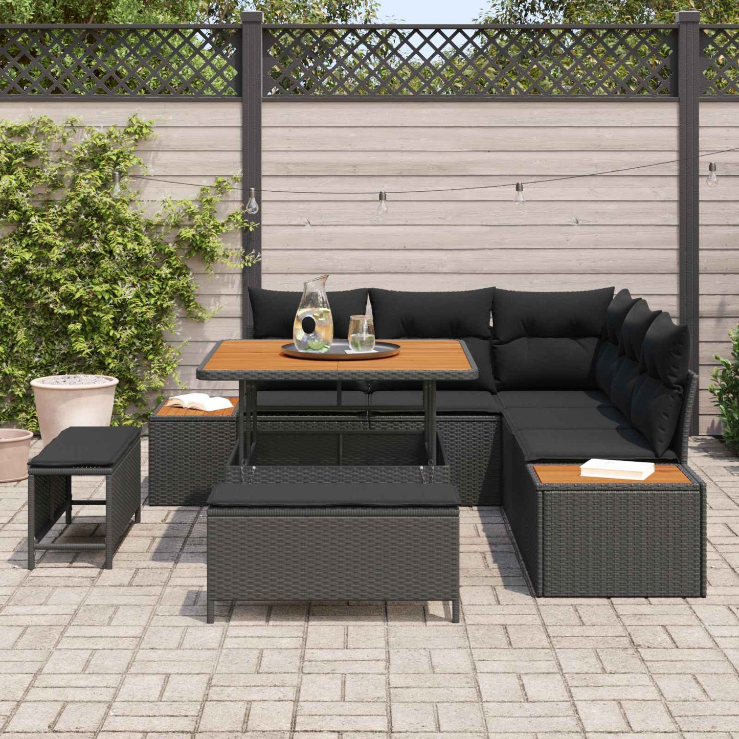 Havesofa Sæt med pude med opbevaring 8 pcs Sort Poly rattan