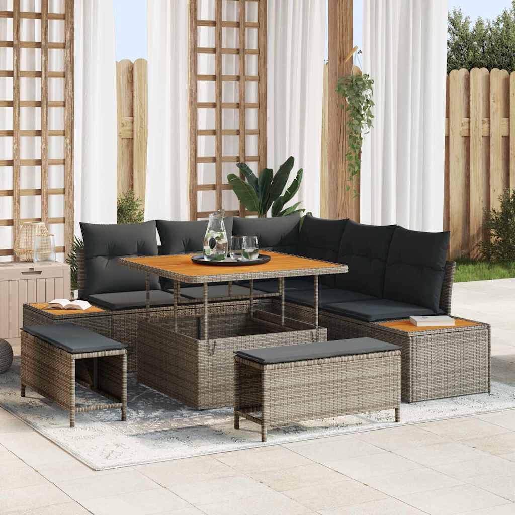 Havesofa Sæt med pude med opbevaring 8 pcs Grå Poly rattan