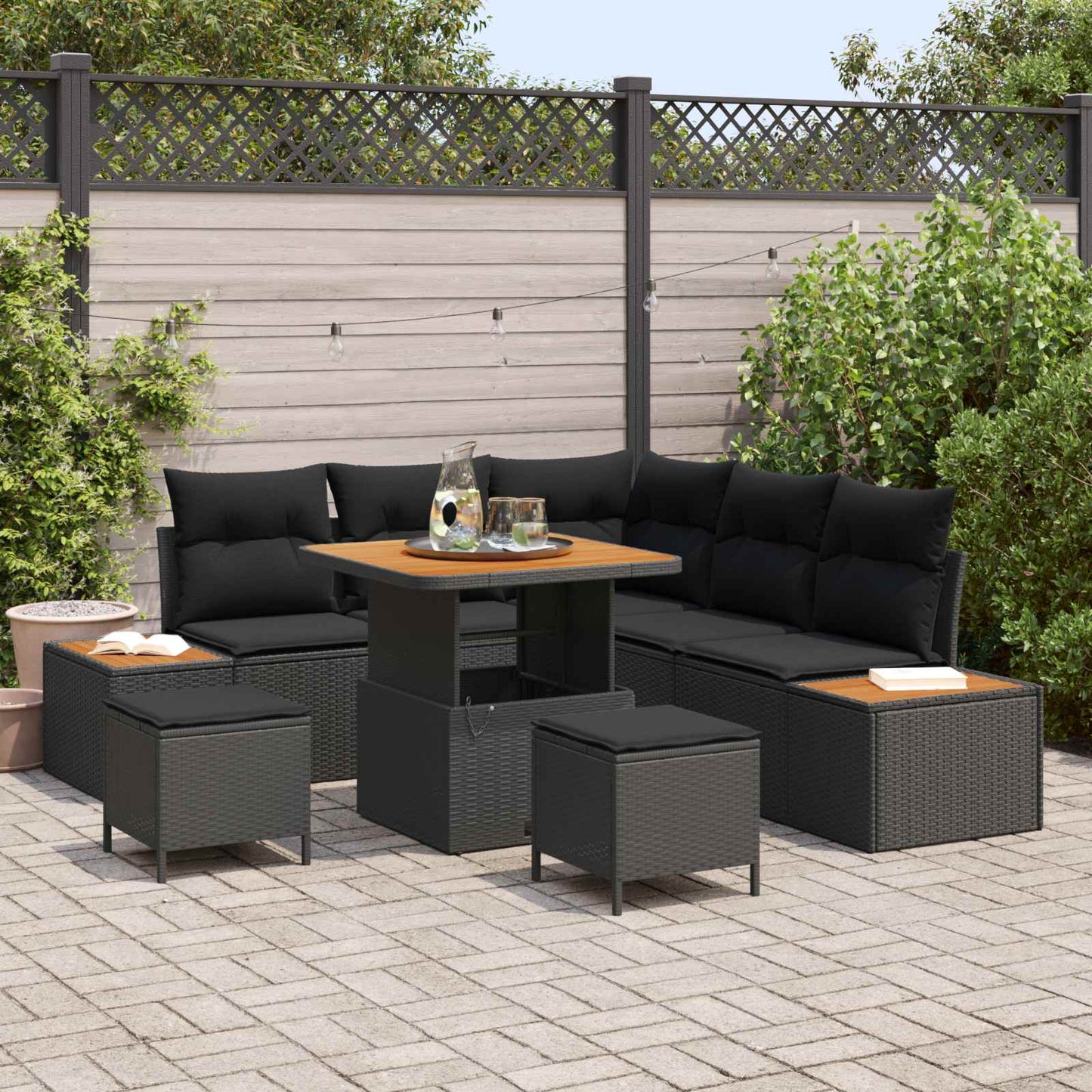 Havesofa Sæt med pude med opbevaring 8 pcs Sort Poly rattan