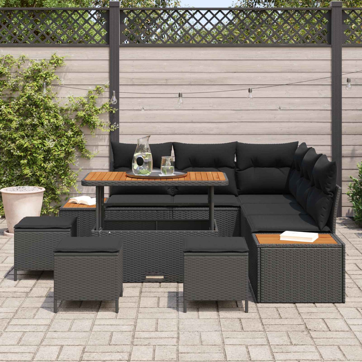 Havesofa Sæt 9 stk. 8-Antal sæder Sort Poly rattan
