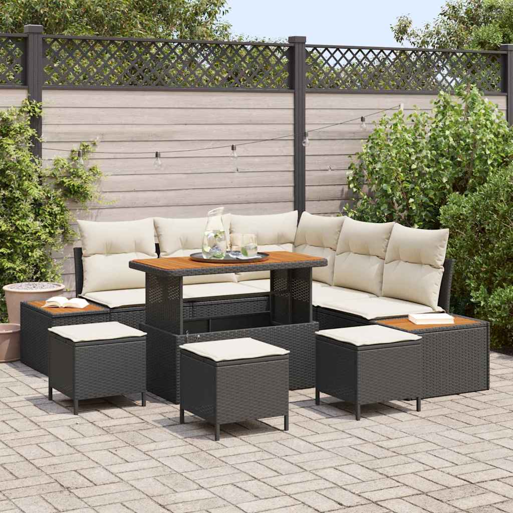 Havesofa Sæt med pude med opbevaring 9 pcs Sort Poly rattan