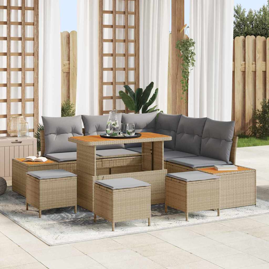 Havesofa Sæt med pude med opbevaring 9 pcs Beige Poly rattan