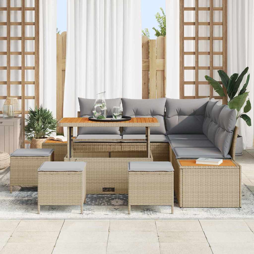 Havesofa Sæt med pude med opbevaring 9 pcs Beige Poly rattan