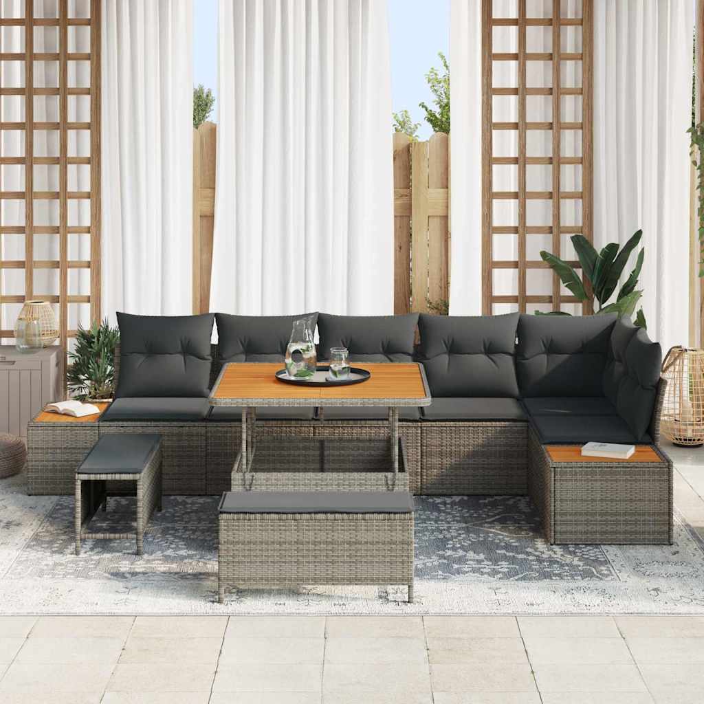 Havesofa Sæt med pude med opbevaring 9 pcs Grå Poly rattan
